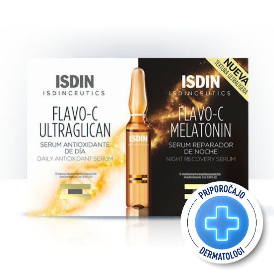 Slika ISDIN Isdinceutics Flavo-C Ultraglican & Isdinceutics Flavo-C Melatonin, dnevni in nočni serum - ampule (2 x (10 x 2 ml))