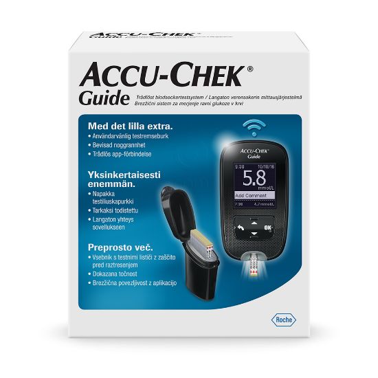 Slika Accu-Chek Guide, merilnik za merjenje glukoze v krvi (1 merilnik + 10 testnih lističev)