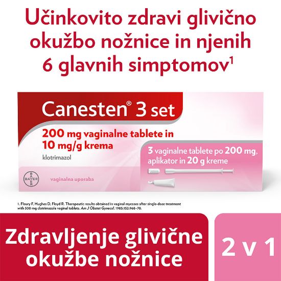 Slika Canesten 3 set, 200 mg vaginalne tablete in 10 mg/g krema (3 globule + 20 g kreme)