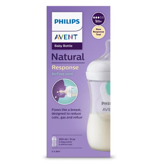 Slika Avent Natural Response, steklenička PP s silikonskim cucljem brez bisfenola z ventilom Airfree (260 ml)