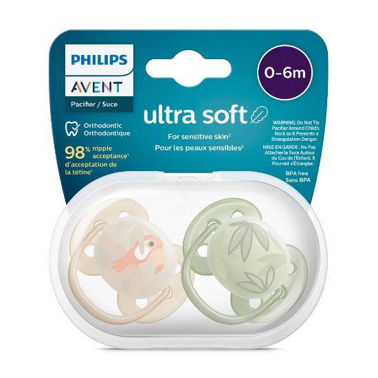 Slika Avent, silikonska tolažilna duda brez bisfenola ultra soft - motiv dečki pelikan/džungla - 0 - 6 mesev (2 dudi)