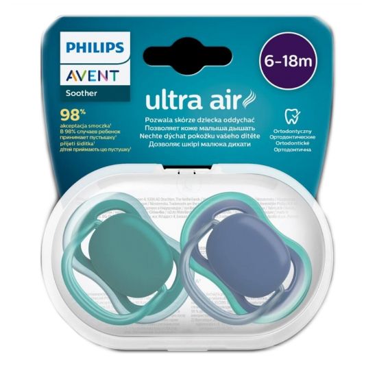 Slika Avent Ultra Air, tolažilna duda silikonska brez bisfenola - za dečke- 6-18 mesecev (2 dudi)