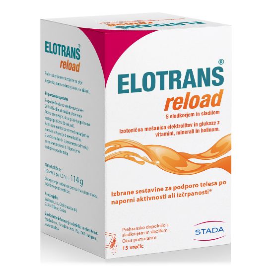 Slika Elotrans reload, izotonična mešanica elektrolitov in glukoze z okusom pomaranče - vrečke (15 x 7,57 g)