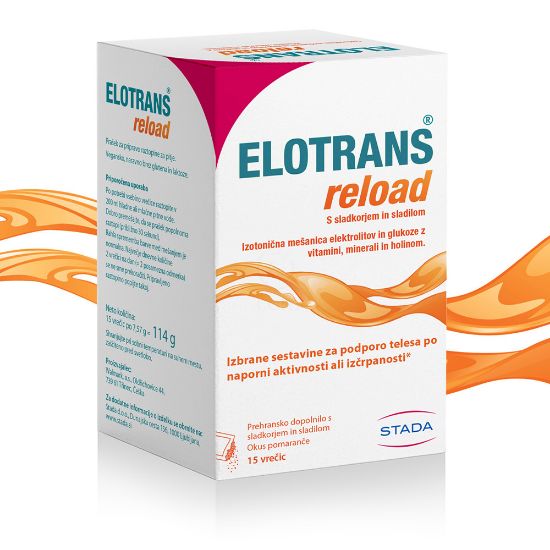 Slika Elotrans reload, izotonična mešanica elektrolitov in glukoze z okusom pomaranče - vrečke (15 x 7,57 g)