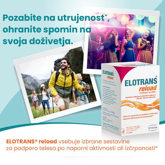 Slika Elotrans reload, izotonična mešanica elektrolitov in glukoze z okusom pomaranče - vrečke (15 x 7,57 g)