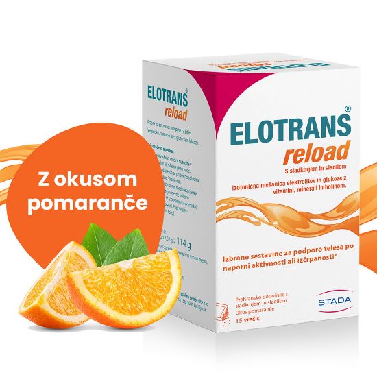 Slika Elotrans reload, izotonična mešanica elektrolitov in glukoze z okusom pomaranče - vrečke (15 x 7,57 g)